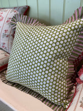 Load image into Gallery viewer, Block Printed Quilted Ruffle Cushion - Green/White/Pink