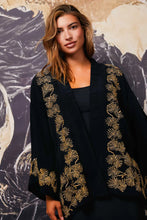 Load image into Gallery viewer, Japanese Pine Needle - Embroidered Black and Gold Fully Lined Short Kimono