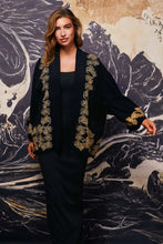 Load image into Gallery viewer, Japanese Pine Needle - Embroidered Black and Gold Fully Lined Short Kimono