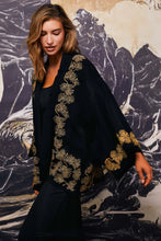 Load image into Gallery viewer, Japanese Pine Needle - Embroidered Black and Gold Fully Lined Short Kimono