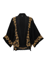 Load image into Gallery viewer, Japanese Pine Needle - Embroidered Black and Gold Fully Lined Short Kimono