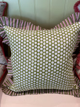 Load image into Gallery viewer, Block Printed Quilted Ruffle Cushion - Green/White/Pink