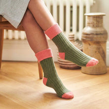 Load image into Gallery viewer, Soft Cashmere Blend Slouch Socks - Khaki Green & Coral