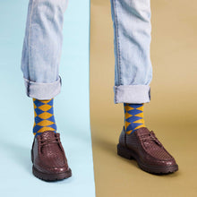Load image into Gallery viewer, Men’s Organic Cotton Crew Socks - Diamonds - Navy & Mustard