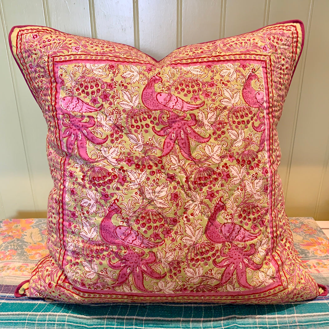 Block- printed Quilted Cushion Peacock