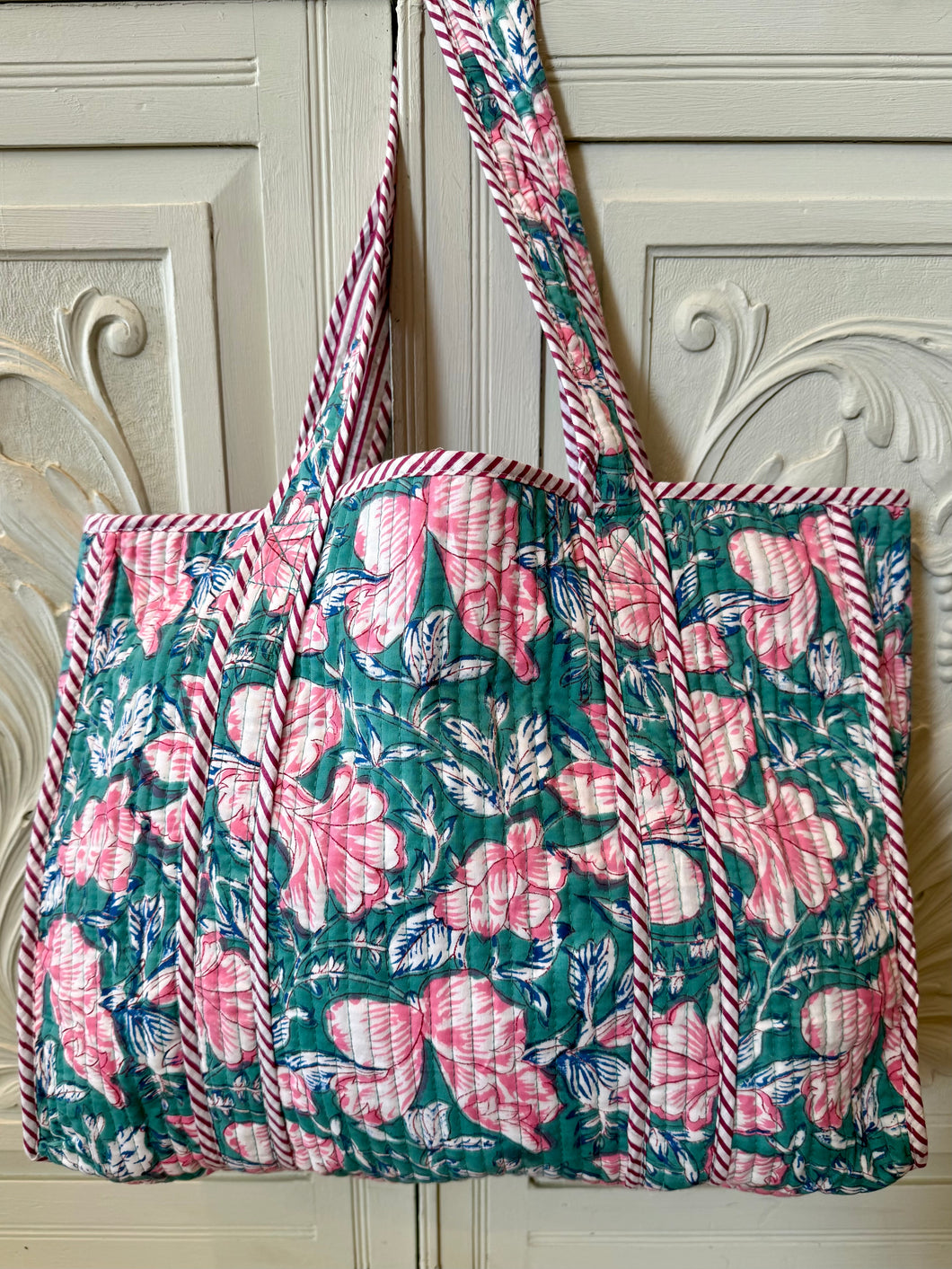Quilted Long-handled Tote - Turquoise and Pink