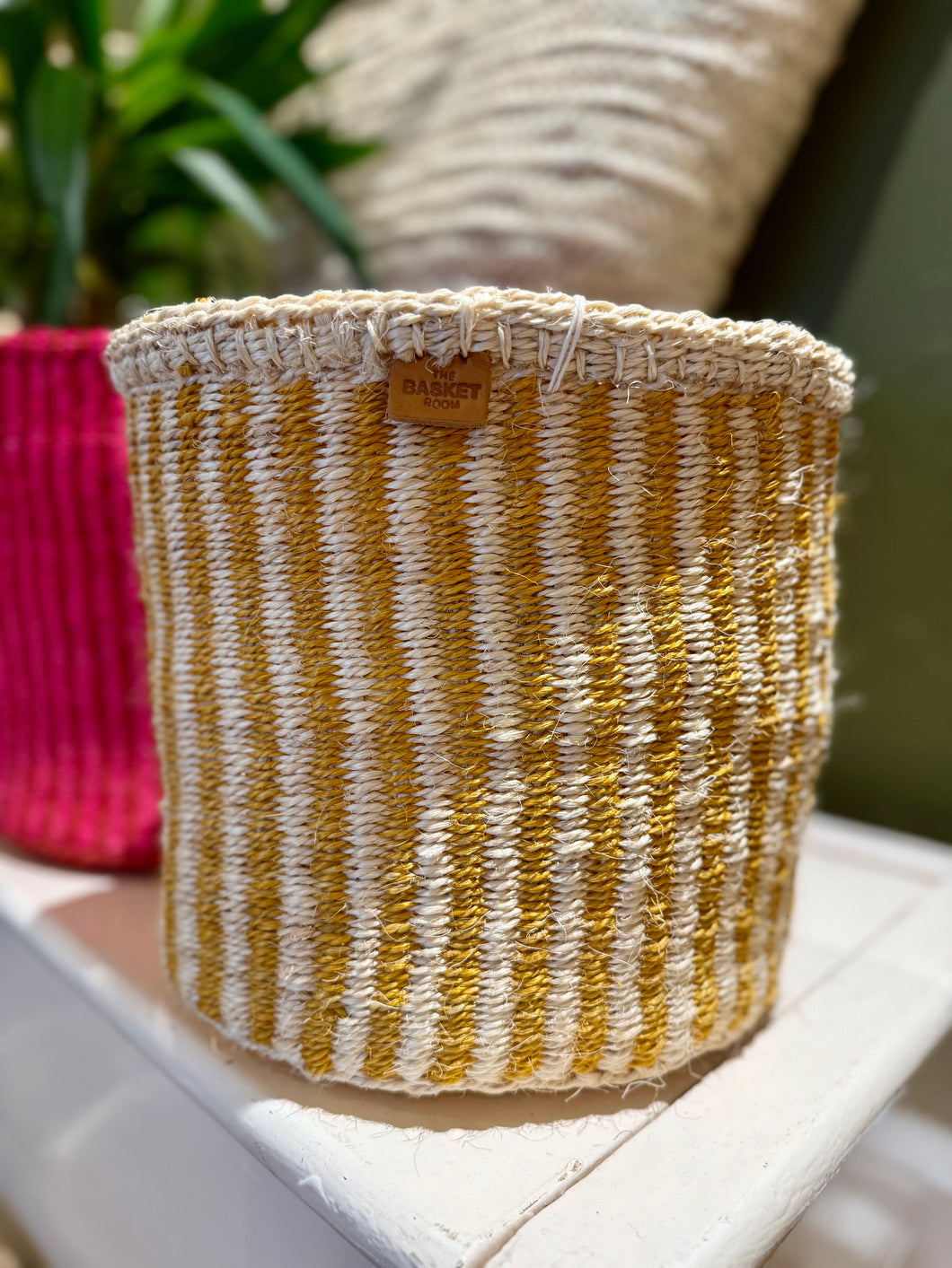 Yellow and White Striped Basket - Sisal