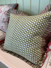 Load image into Gallery viewer, Block Printed Quilted Ruffle Cushion - Green/White/Pink
