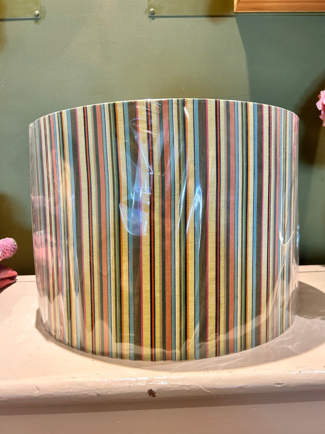 Handmade XL Drum Lampshade by “Revamp Your Lamp” - Green/Blue/Red Stripes