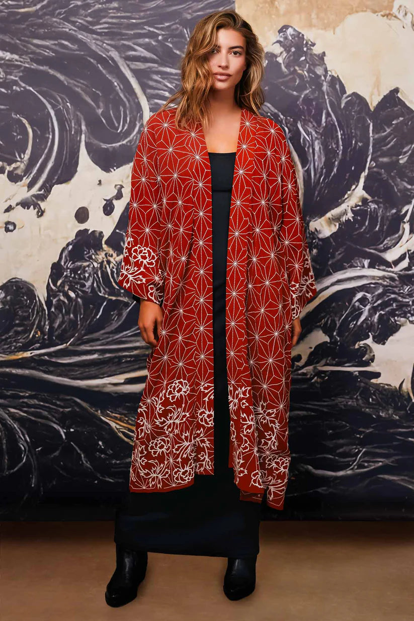 Asanoha & Peony embroidered, fully lined, long kimono