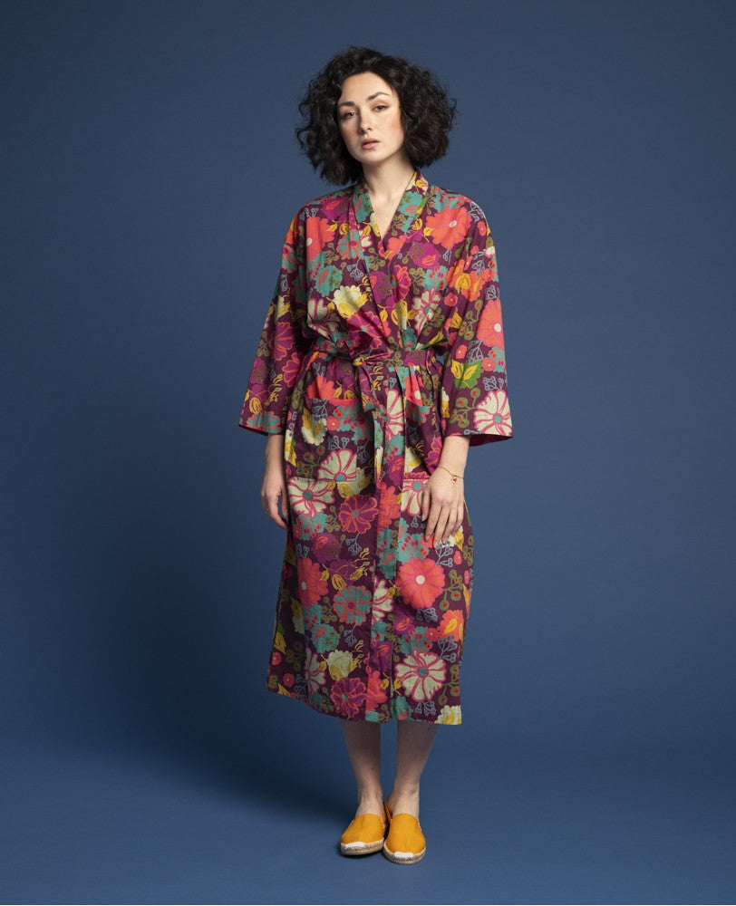 Cotton Dressing Gown / Kimono - Cosmos Fig
