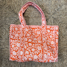 Load image into Gallery viewer, Quilted Long-handled Tote - Orange/White Flowers
