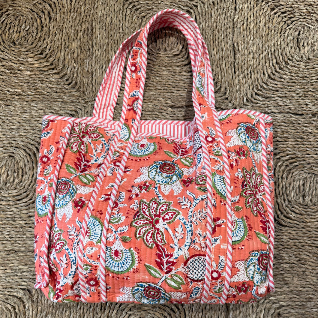Quilted Long-handled Tote - Orange/Multi