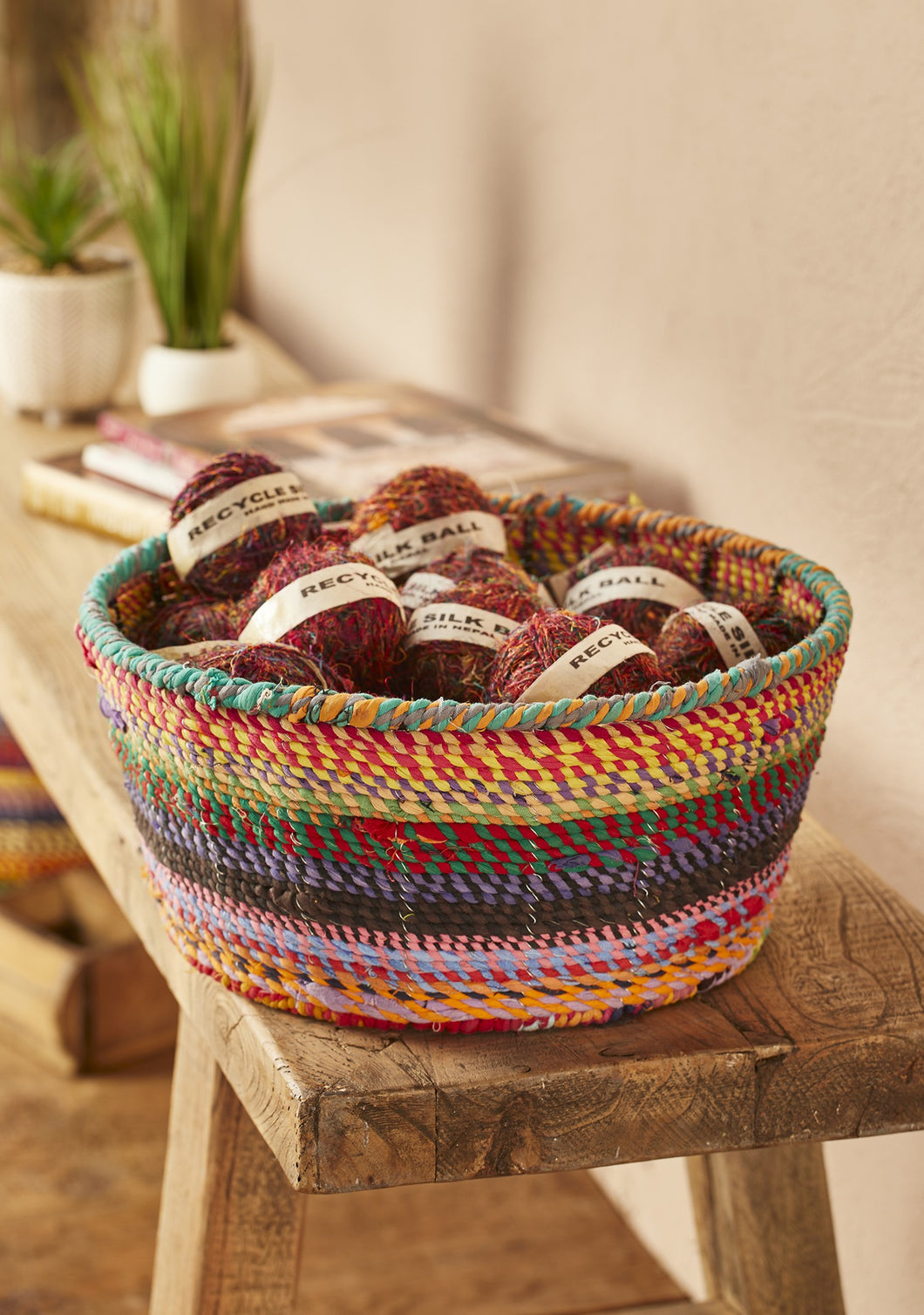 Recycled Fabric Covered Low Round Metal Basket