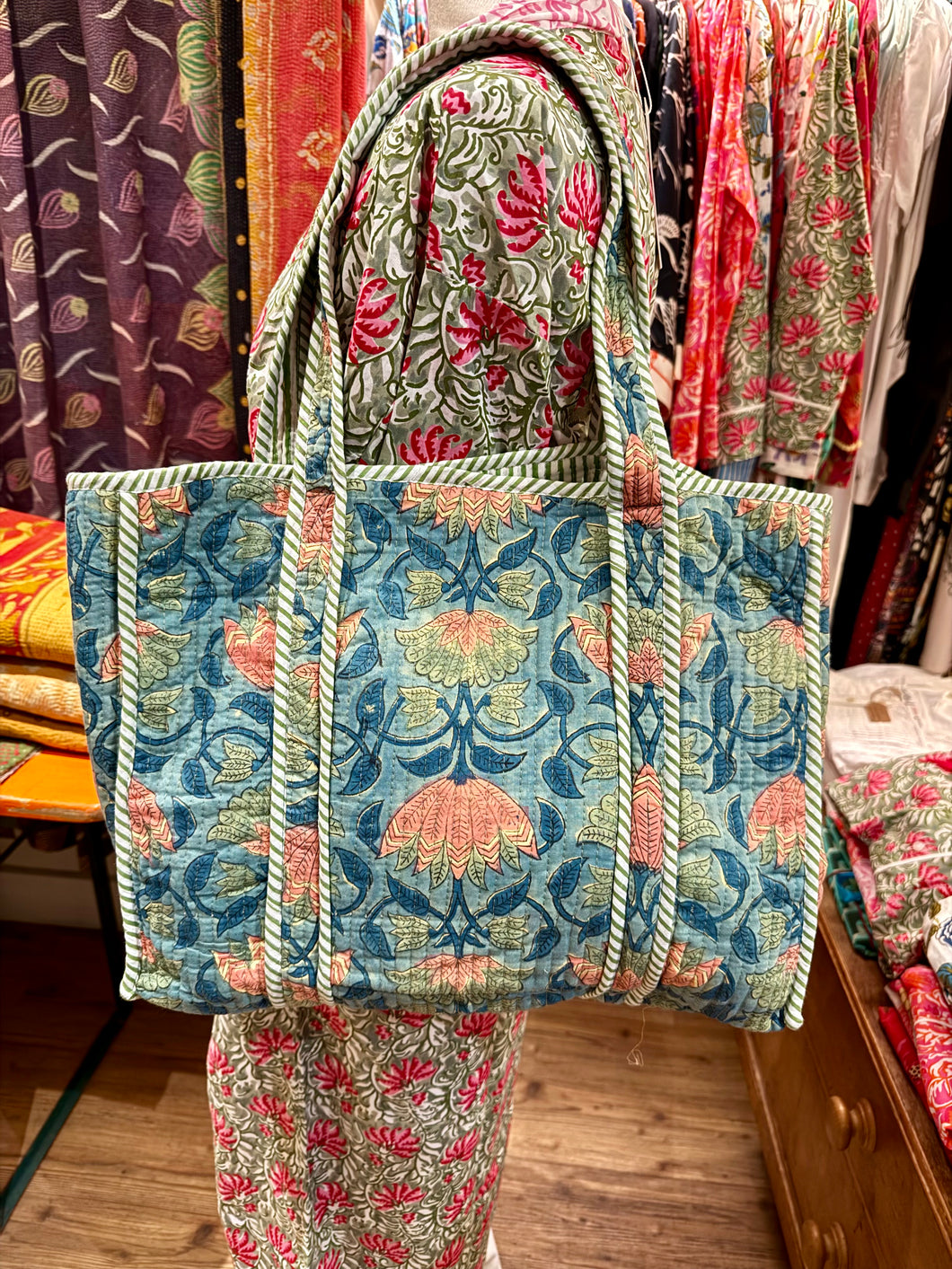 Quilted Long-handled Tote - Teal / Pink Flowers