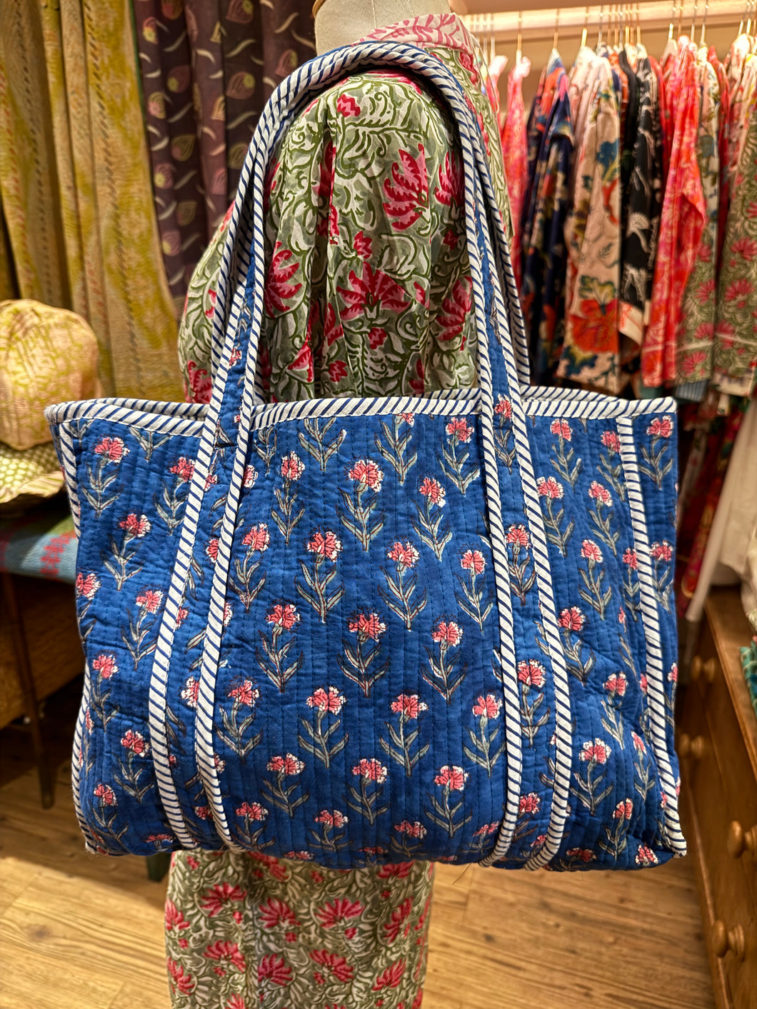 Quilted Long-handled Tote - Blue / Pink Flowers