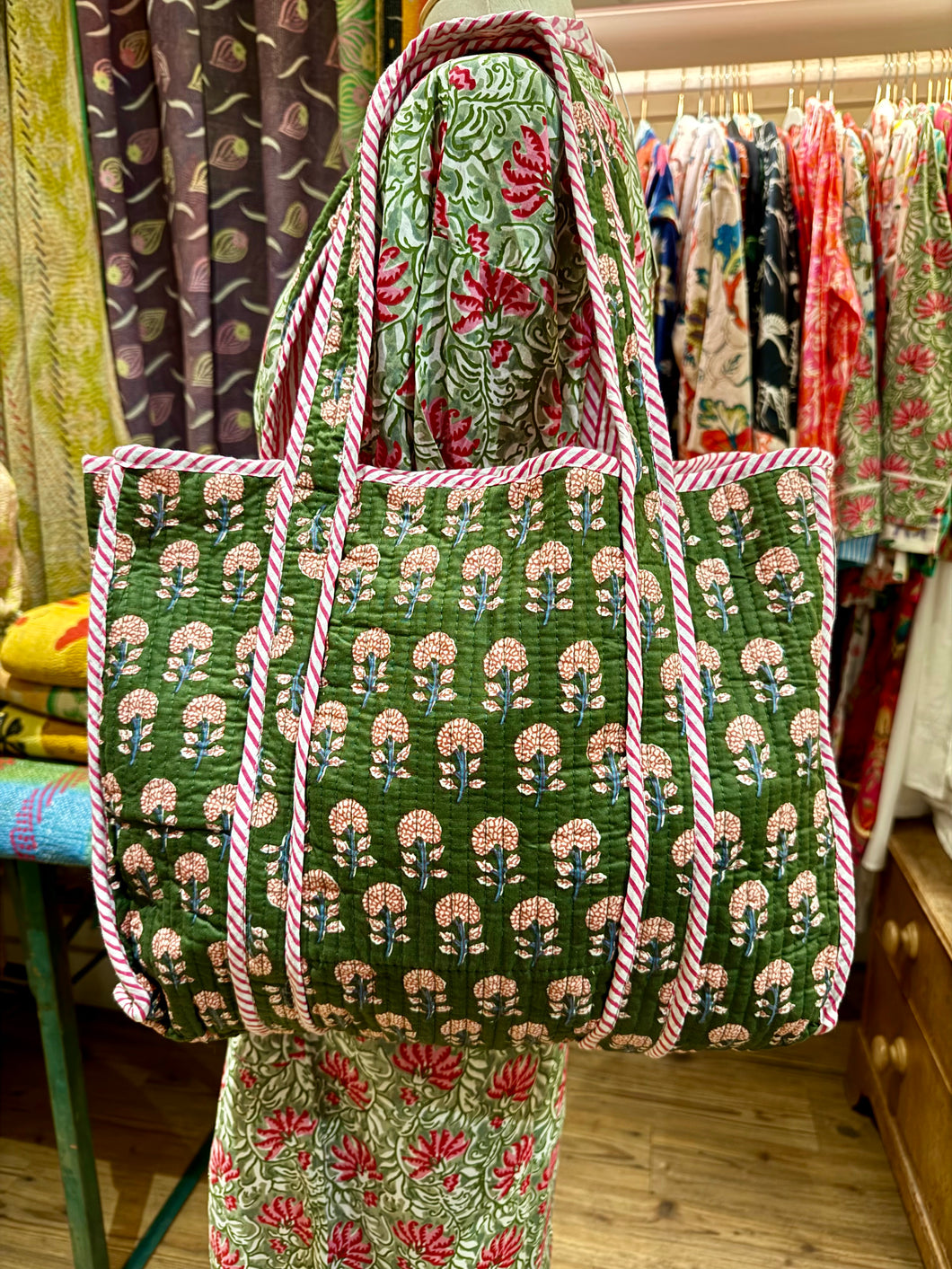Quilted Long-handled Tote - Olive / Pink Flowers