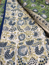 Load image into Gallery viewer, Hand Block-Printed Quilted Throw - Green and Blue Cornflower
