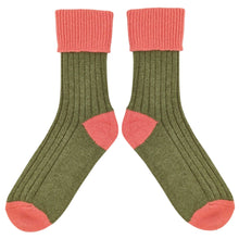 Load image into Gallery viewer, Soft Cashmere Blend Slouch Socks - Khaki Green &amp; Coral
