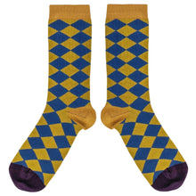 Load image into Gallery viewer, Men’s Organic Cotton Crew Socks - Diamonds - Navy &amp; Mustard
