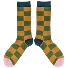 Load image into Gallery viewer, Men’s Organic Cotton Crew Socks - Large Check - Khaki &amp; Ginger
