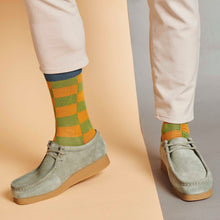 Load image into Gallery viewer, Men’s Organic Cotton Crew Socks - Large Check - Khaki &amp; Ginger
