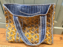 Load image into Gallery viewer, Quilted Tote - Mustard / Blue Tulips
