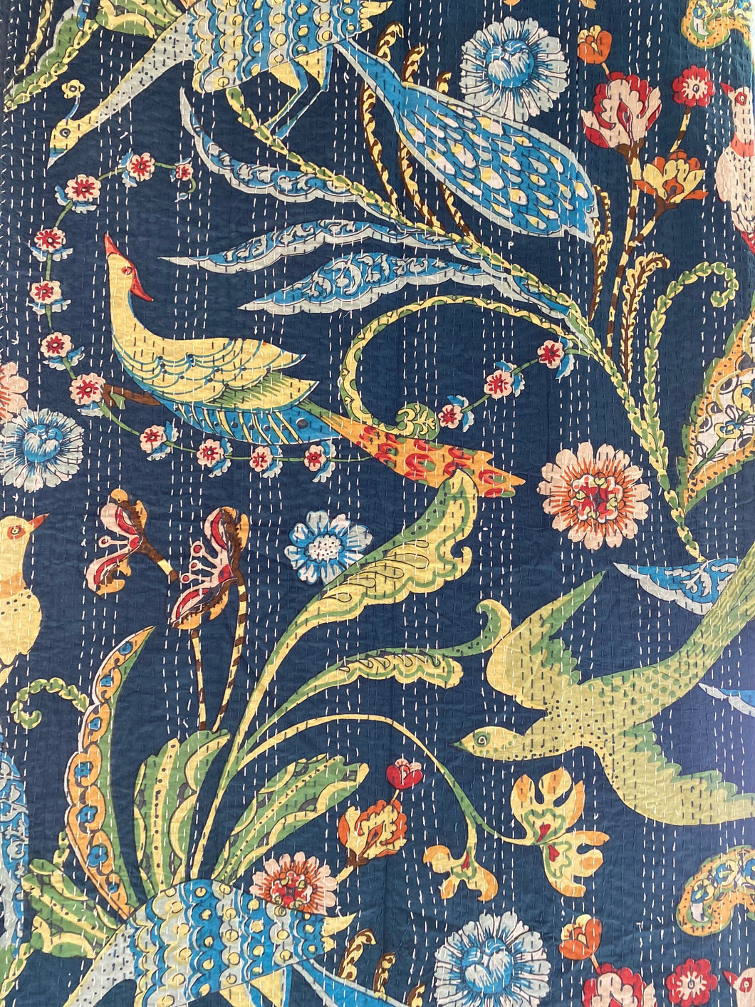 Kantha Throw - Blue Floral Exotic Bird