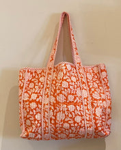 Load image into Gallery viewer, Quilted Long-handled Tote - Orange/White Flowers
