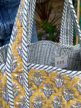 Load image into Gallery viewer, Quilted Tote - Mustard / Blue Lotus flower
