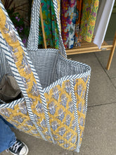 Load image into Gallery viewer, Quilted Tote - Mustard / Blue Lotus flower
