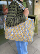 Load image into Gallery viewer, Quilted Tote - Mustard / Blue Lotus flower
