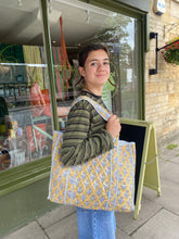 Load image into Gallery viewer, Quilted Tote - Mustard / Blue Lotus flower
