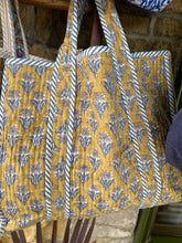 Load image into Gallery viewer, Quilted Tote - Mustard / Blue Lotus flower
