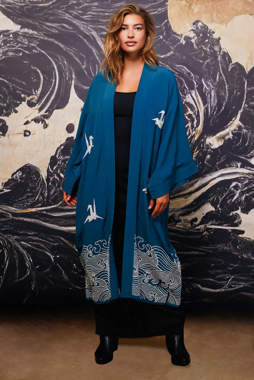 Hokusai Wave embroidered, fully lined long kimono