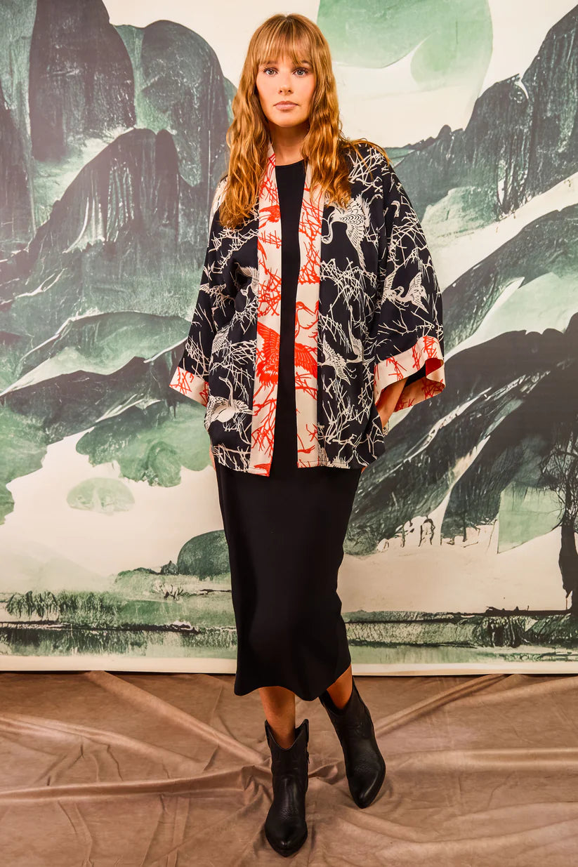 Japanese Crane print  fully lined, short kimono