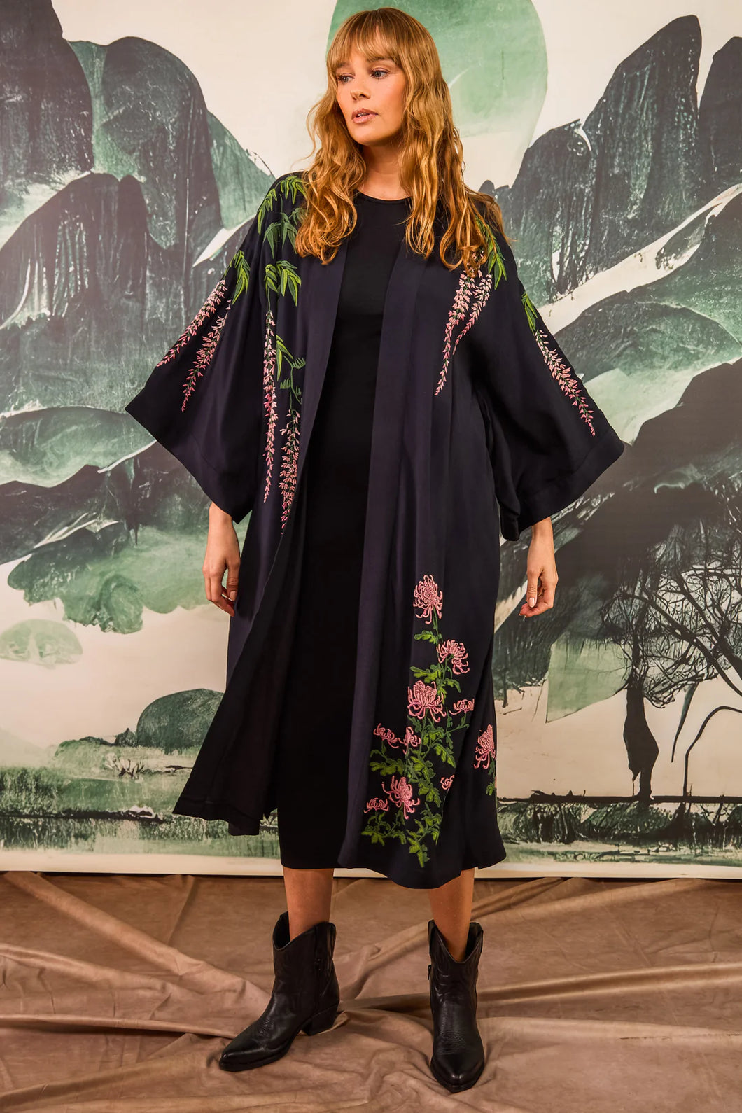 Wisteria and Chrysanthemum embroidered, fully lined, long kimono