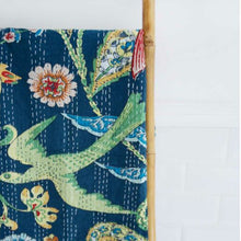 Load image into Gallery viewer, Kantha Throw - Blue Floral Exotic Bird
