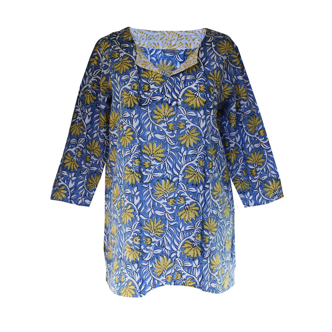 Block Printed Tunic Blue/Yellow Floral